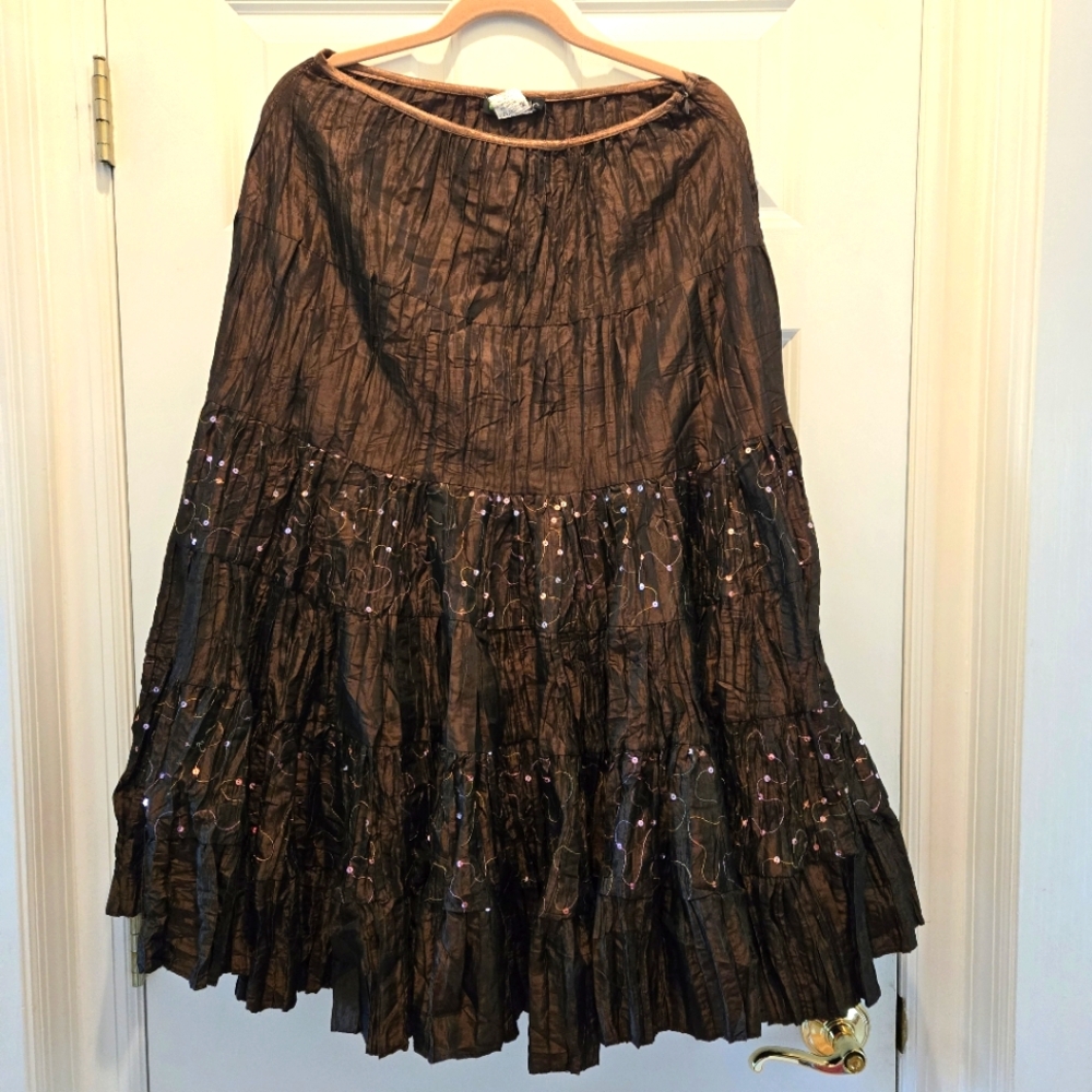 Vintage Tiered Midi Skirt XL France Ficelle Brown Flowy Sequined Embroidered